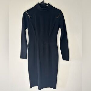 Vintage Y2K Cache’ black bodycon gold zippers ponte stretch knit dress. 0/XS